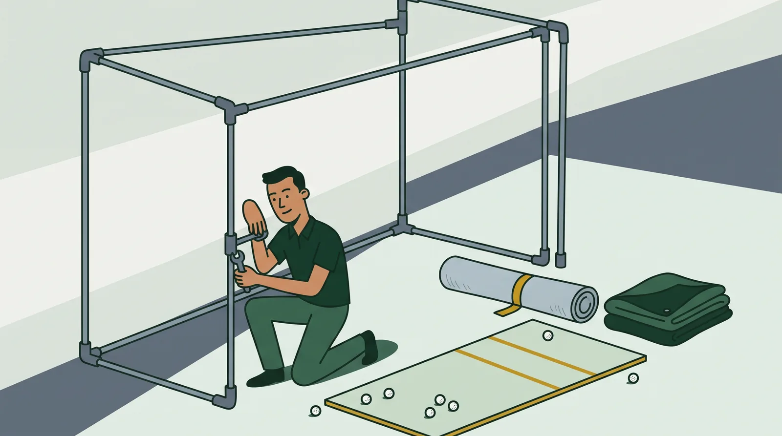 An EMT conduit frame rising around a hitting mat