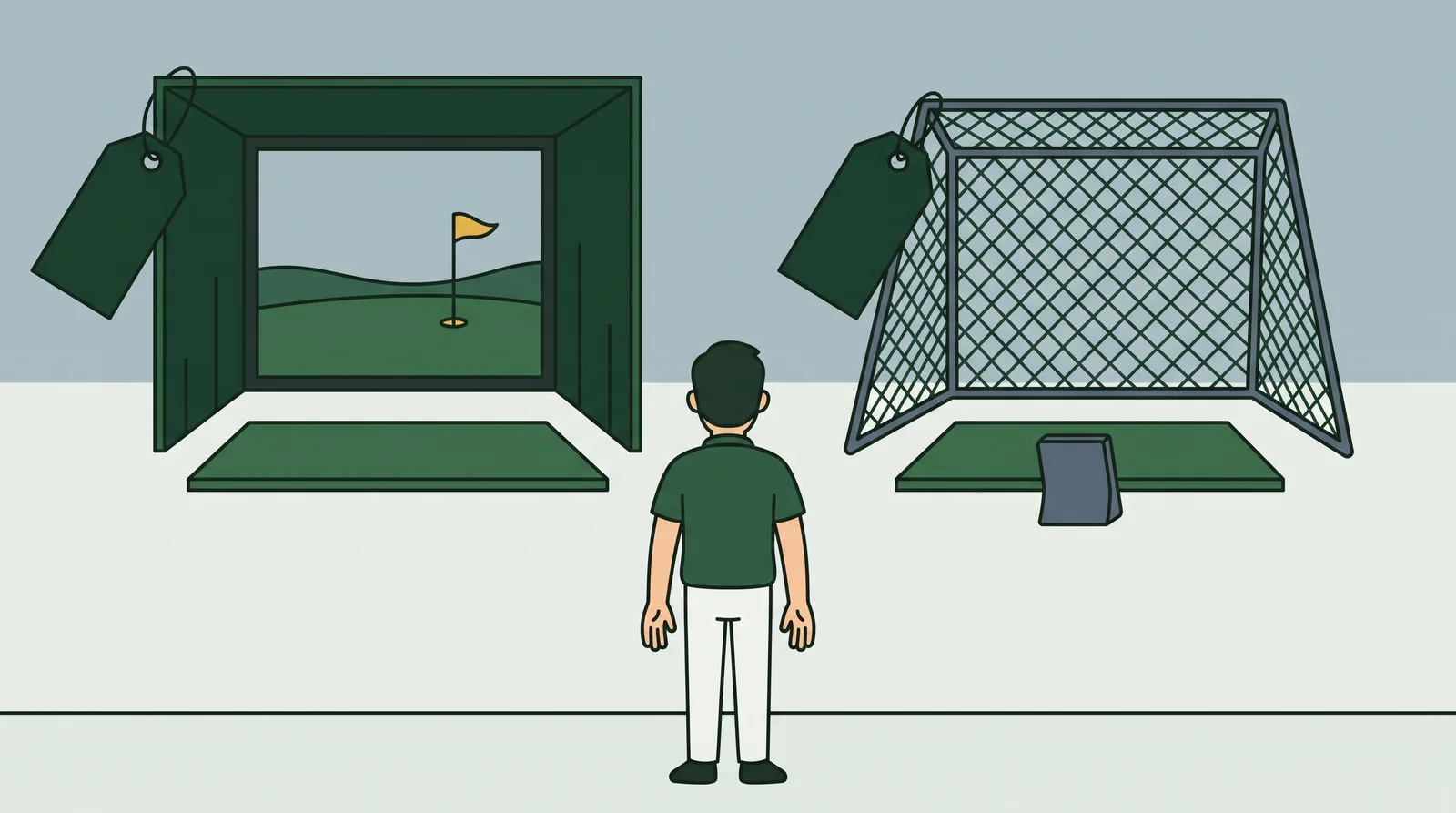 A buyer weighing a complete simulator bay against a launch monitor and net
