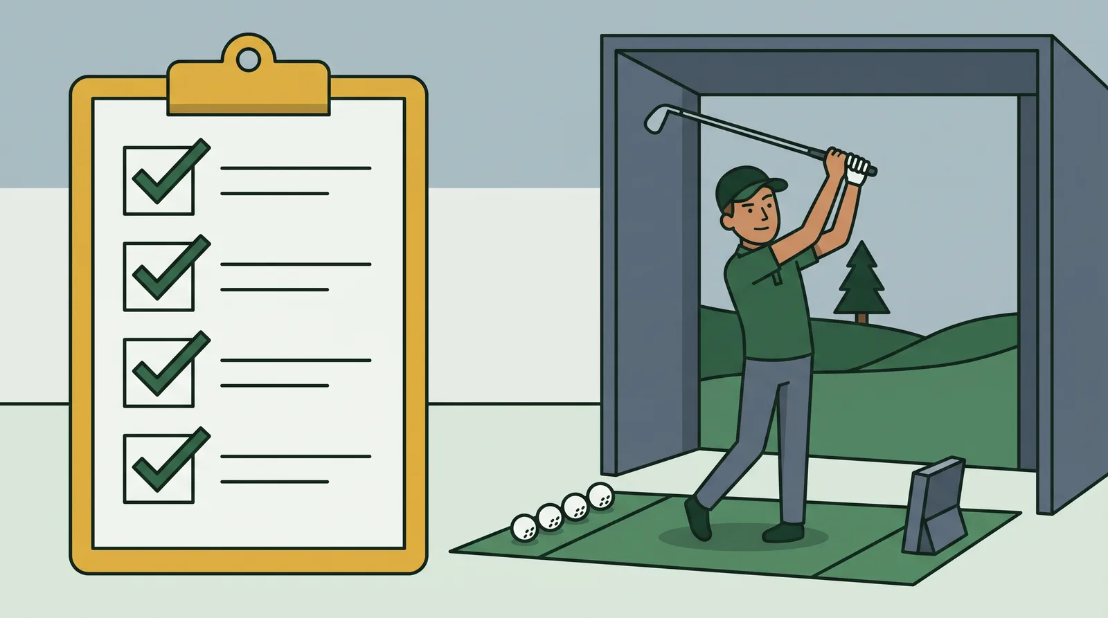 A practice session plan beside a golfer mid-drill in a bay
