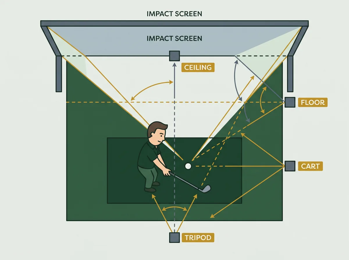 Four projector mount positions around a hitting bay