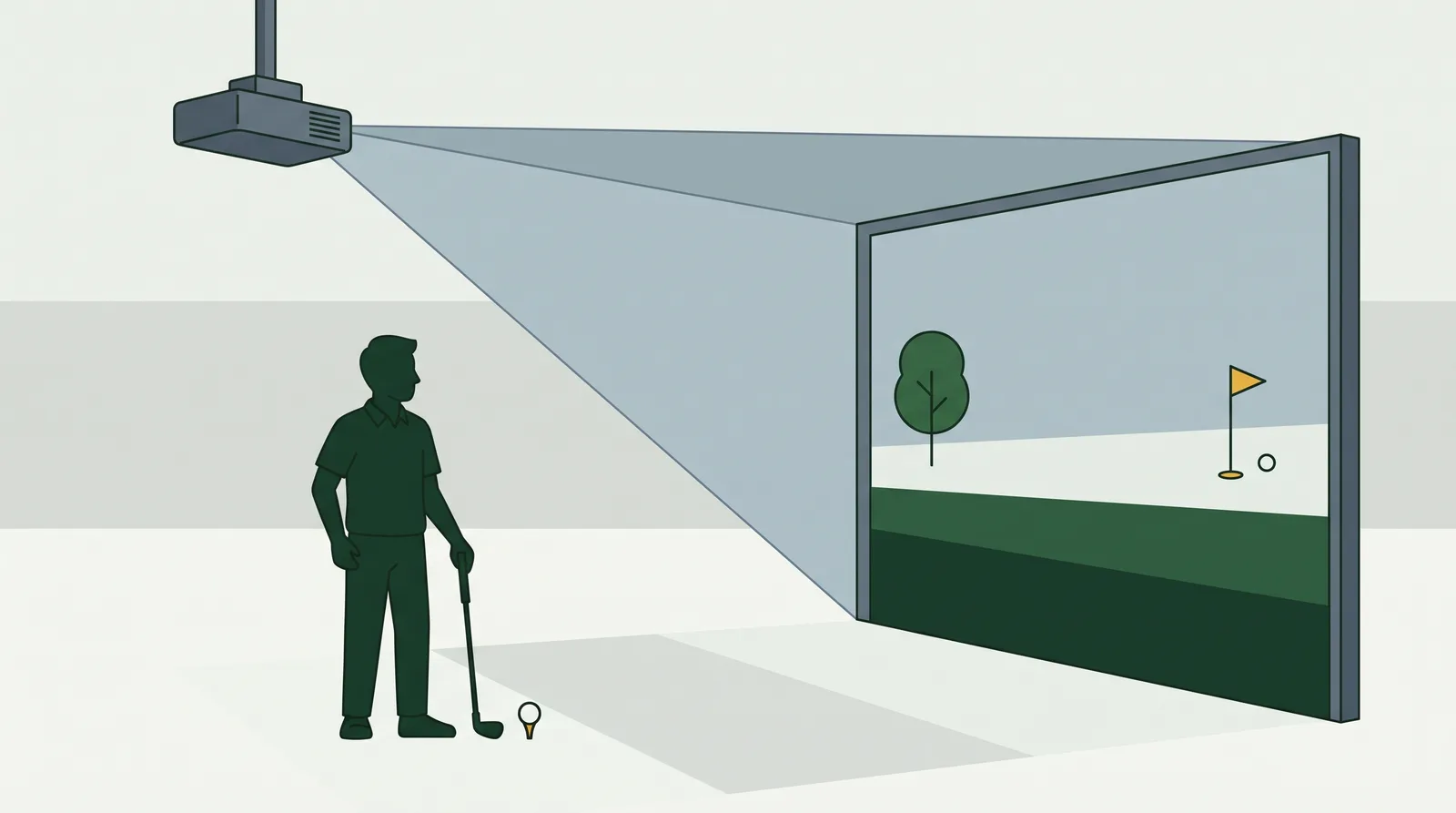 A short-throw projector painting a fairway across an impact screen