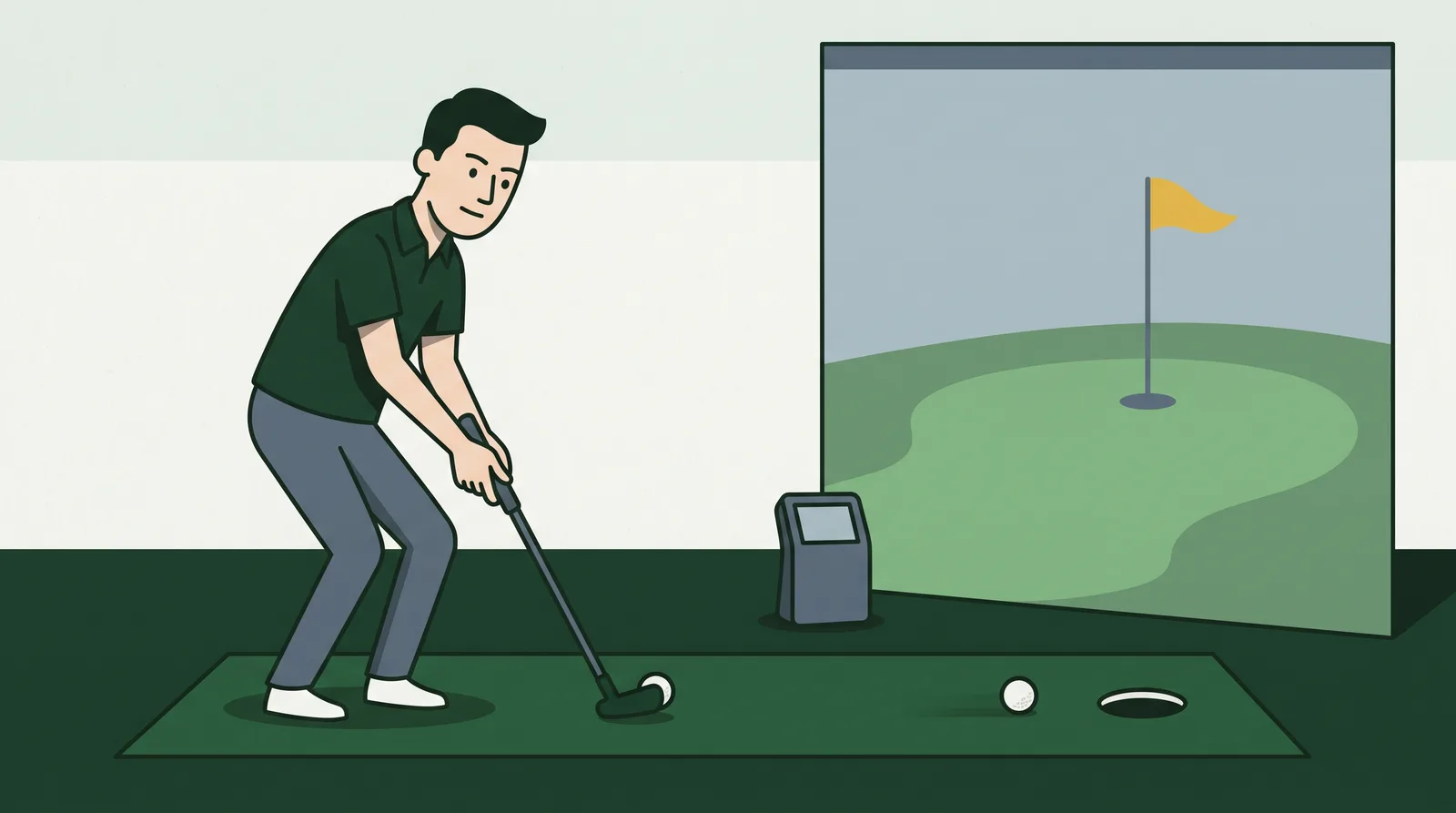 A golfer putting toward a screen showing a rendered green