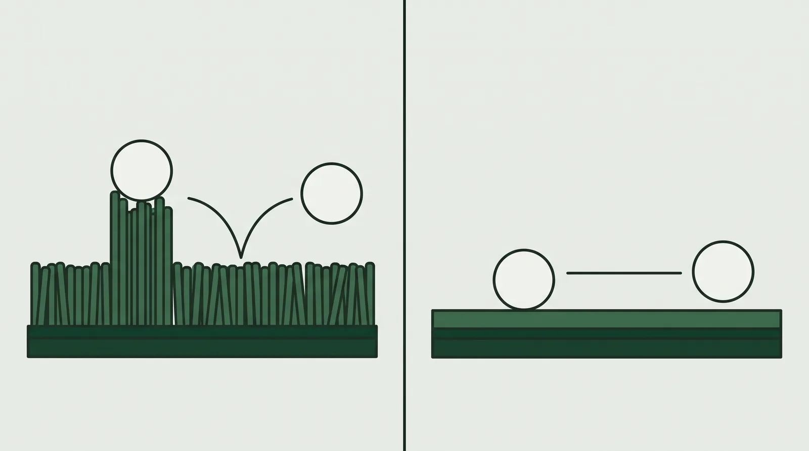 A ball sitting up on hitting mat pile beside a ball on flat putting turf