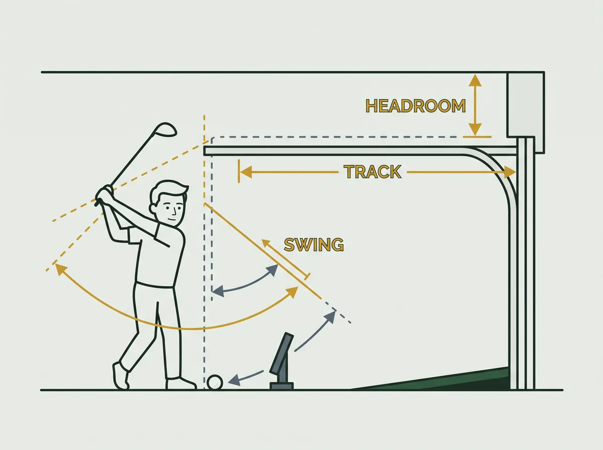 Garage door headroom and track length over a swing arc