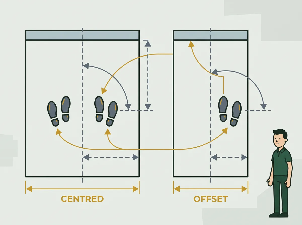 Centered and offset tee positions compared in plan view