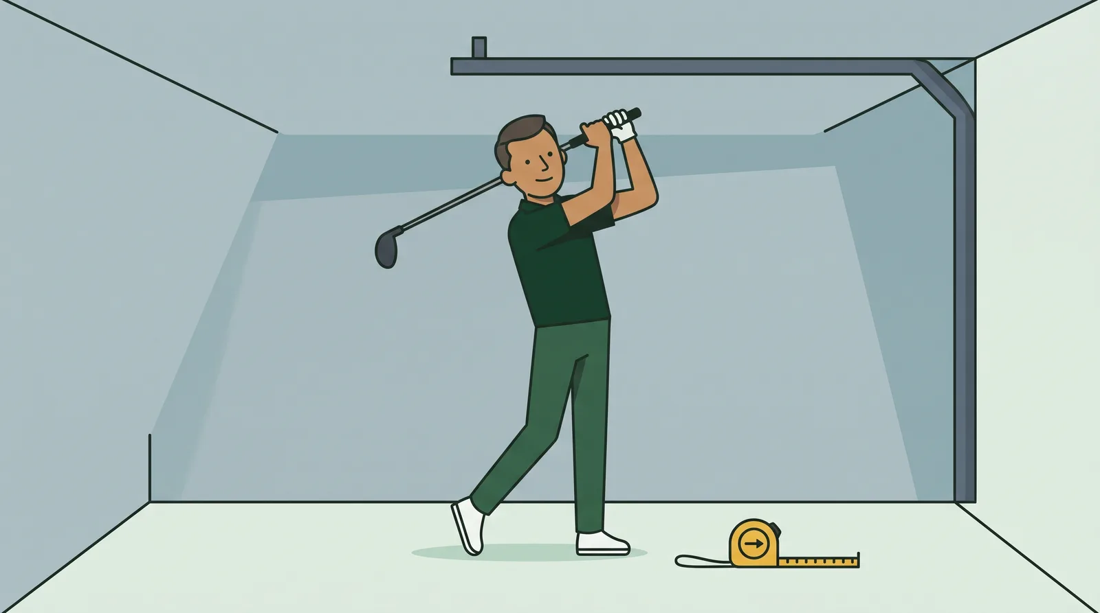 A golfer checking driver clearance under a ceiling line