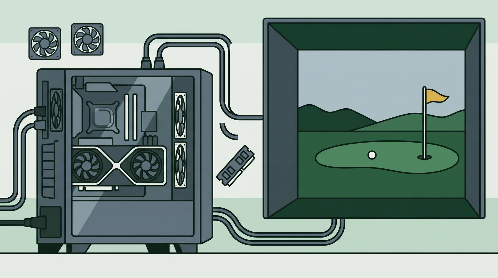 A gaming PC beside a simulator screen running a rendered course