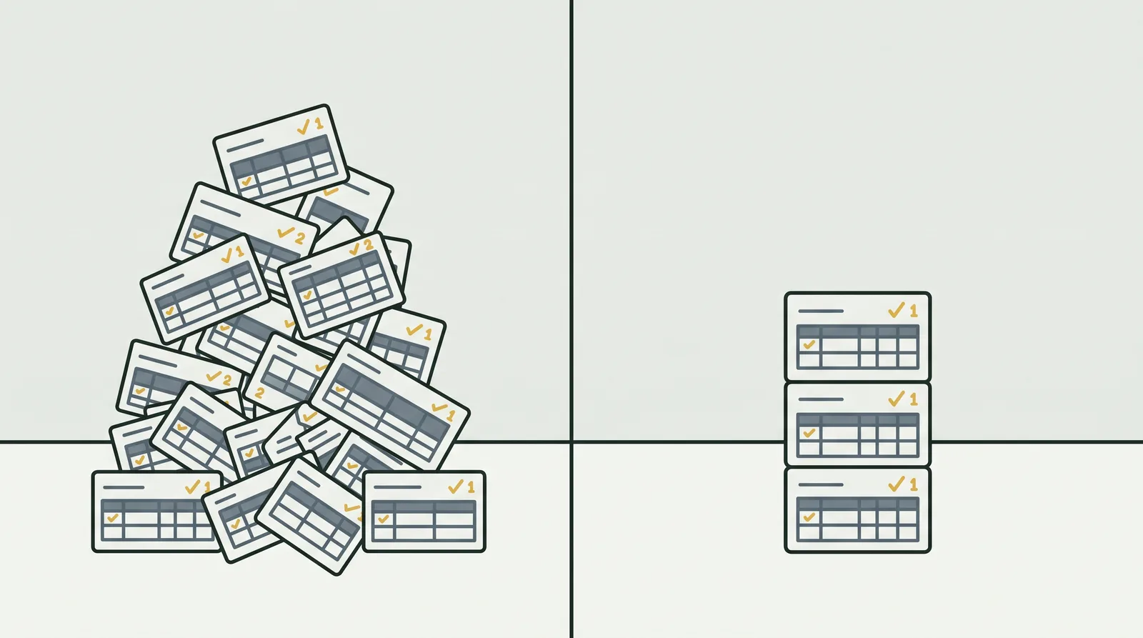 A large uneven stack beside a small even stack