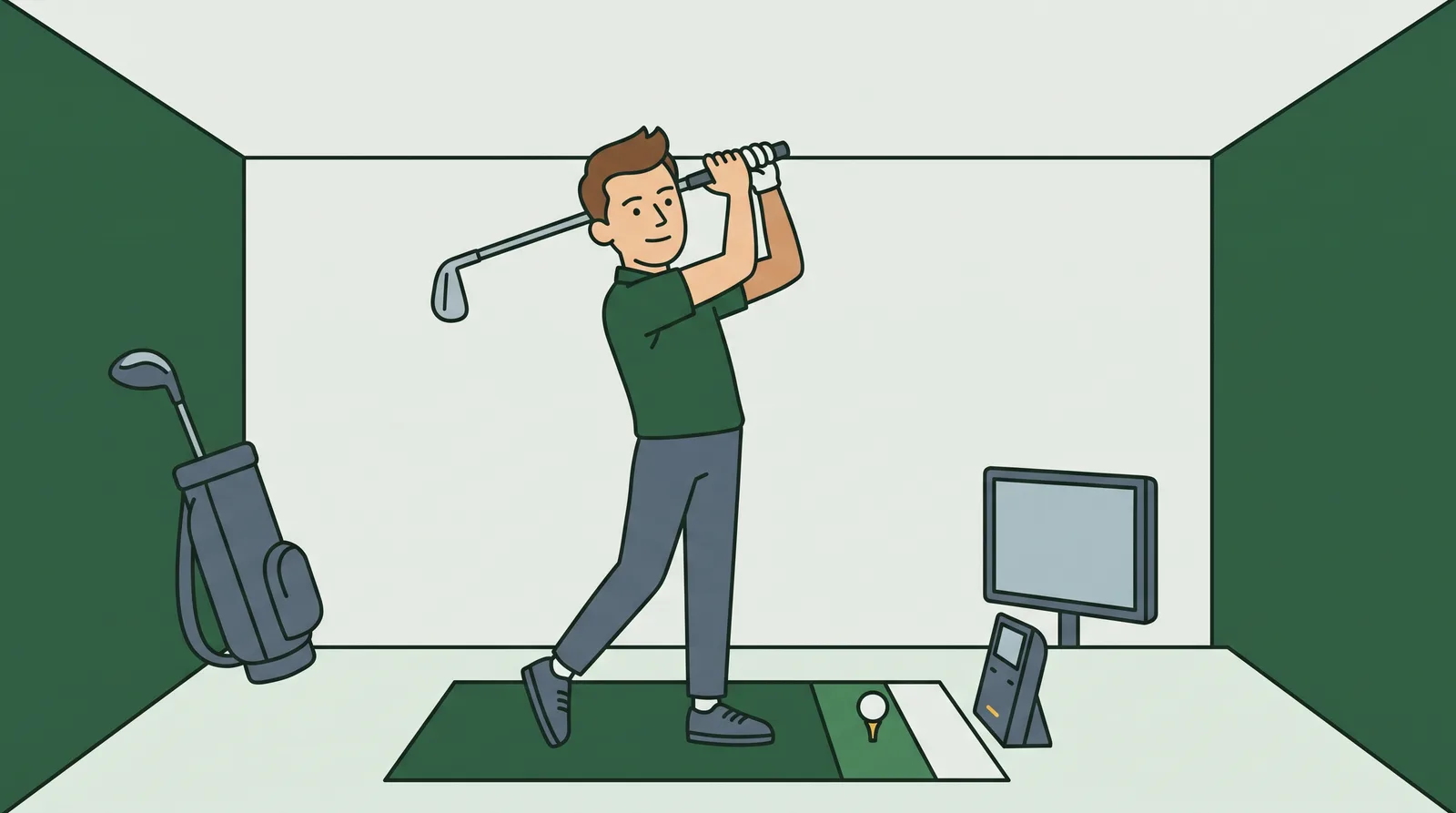 A golfer swinging an iron comfortably under a low ceiling line